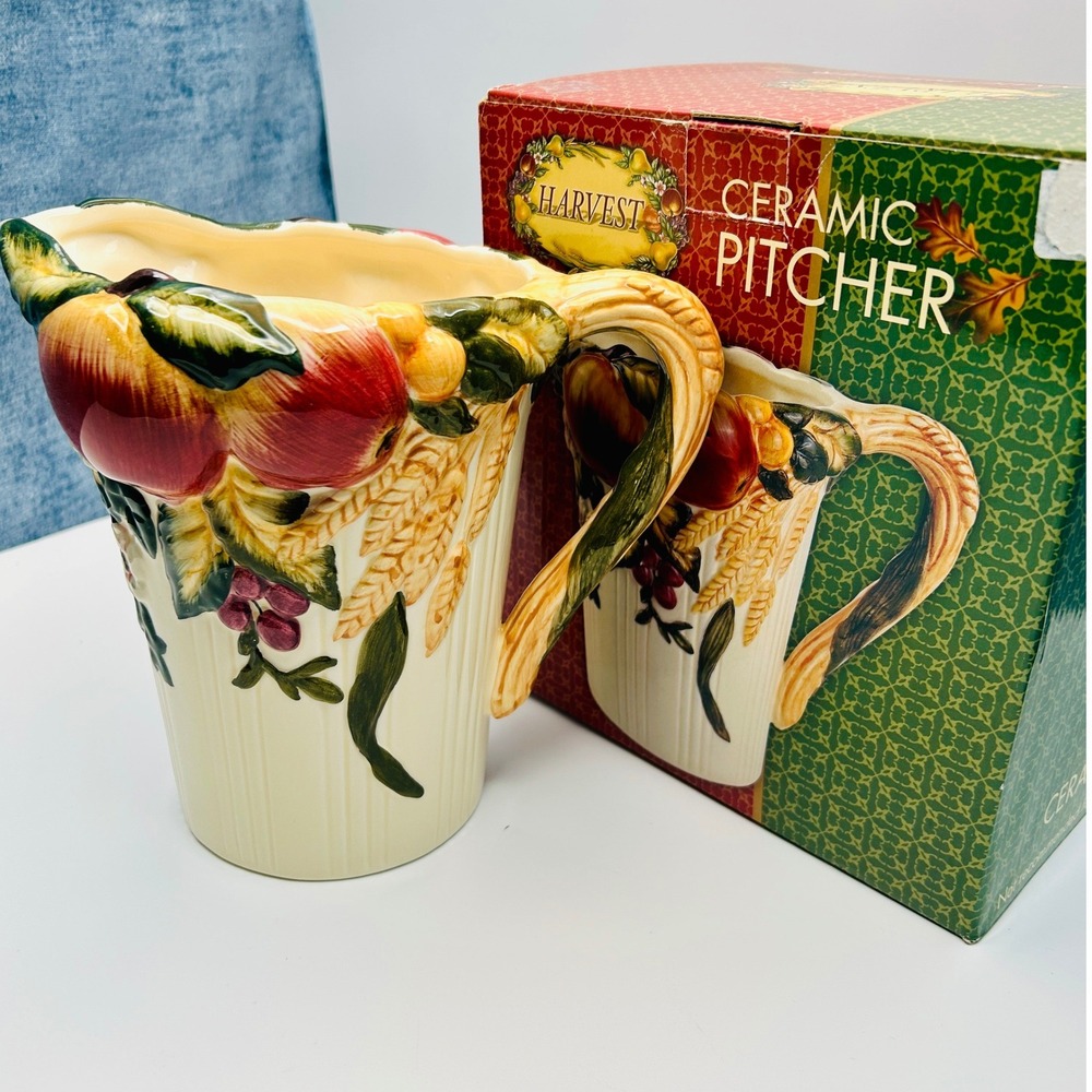 Bico Harvest Ceramic Pitcher Embossed Fruit Wheat Cream 8 in New in Box AD01943